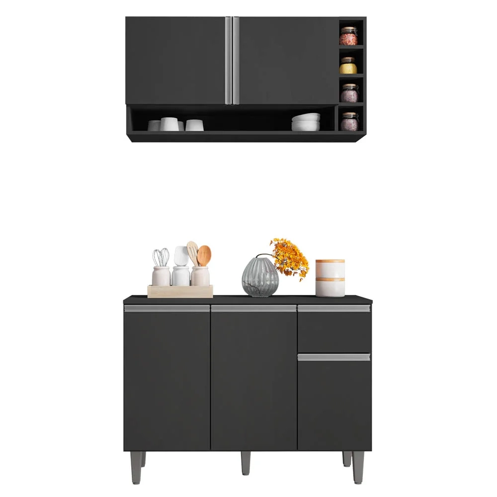 Balcão de cozinha e Armário aéreo Vanessa Cinza Fosco - AJL Móveis