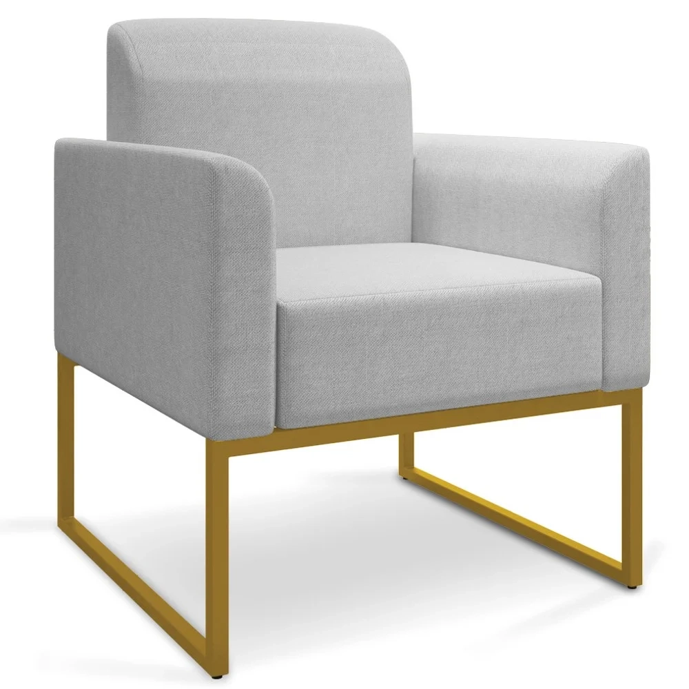 Poltrona Decorativa Base Industrial Dourada Maressa A05 Linho Cinza Claro - Ibiza