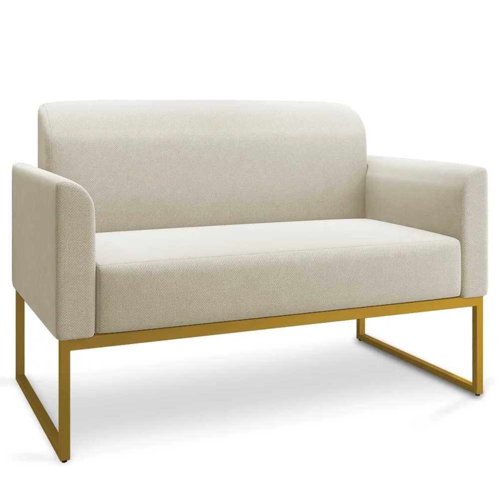 Poltrona Namoradeira 2 Lugares Base Industrial Dourada Maressa A19 Linho Grosso Bege - Ibiza