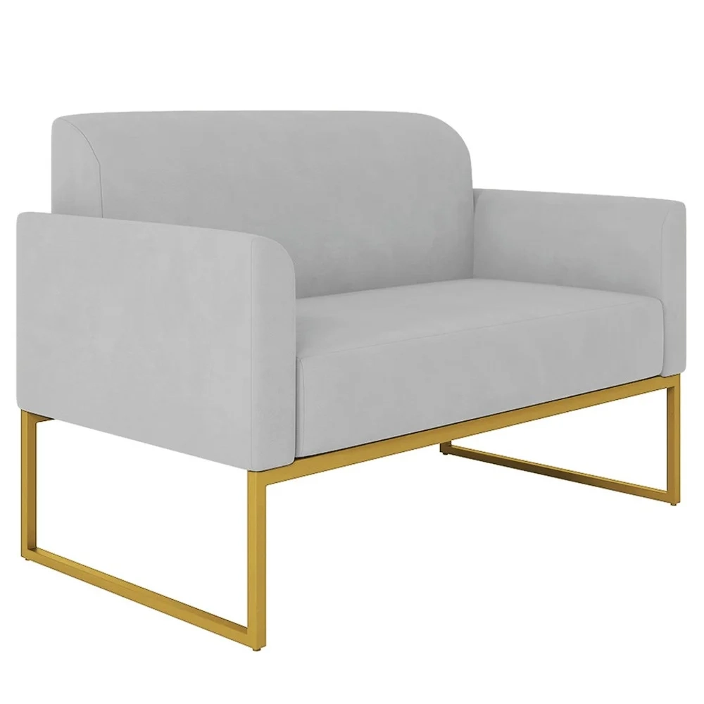 Poltrona Namoradeira 2 Lugares Base Industrial Dourada Maressa S10 Suede Cinza - Ibiza