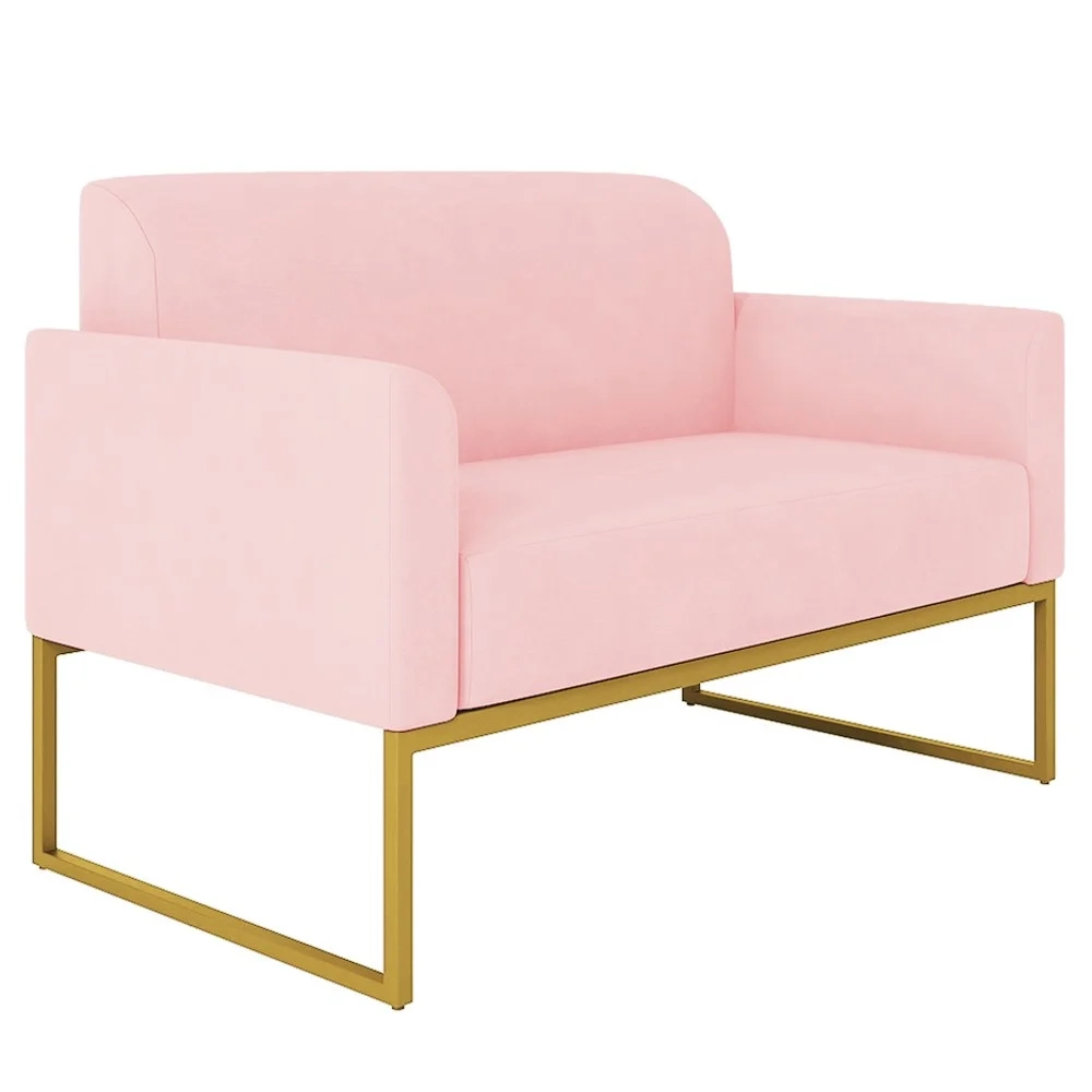 Poltrona Namoradeira 2 Lugares Base Industrial Dourada Maressa S19 Suede Rosa Bebê - Ibiza
