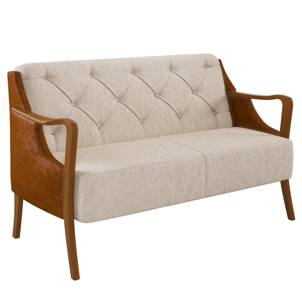 Poltrona Namoradeira 2 Lugares 135cm Capitonê Lapa Z32 PU Camel/Linho Cru - Mpozenato