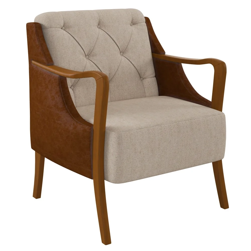 Poltrona Decorativa para Sala de Estar Capitonê Lapa Z32 PU Camel/Linho Cru - Mpozenato