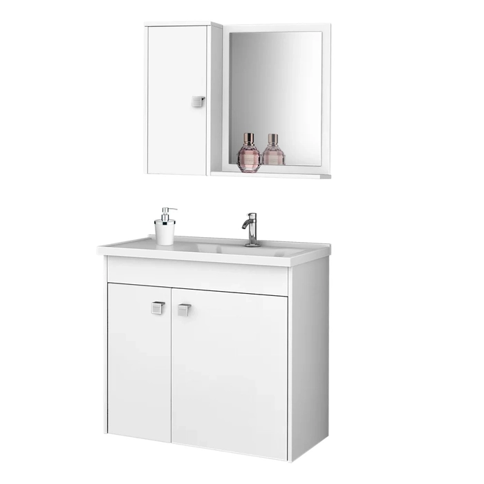 Kit Banheiro Gabinete 56cm Pia e Armário Com Espelho Munique Branco - Bechara