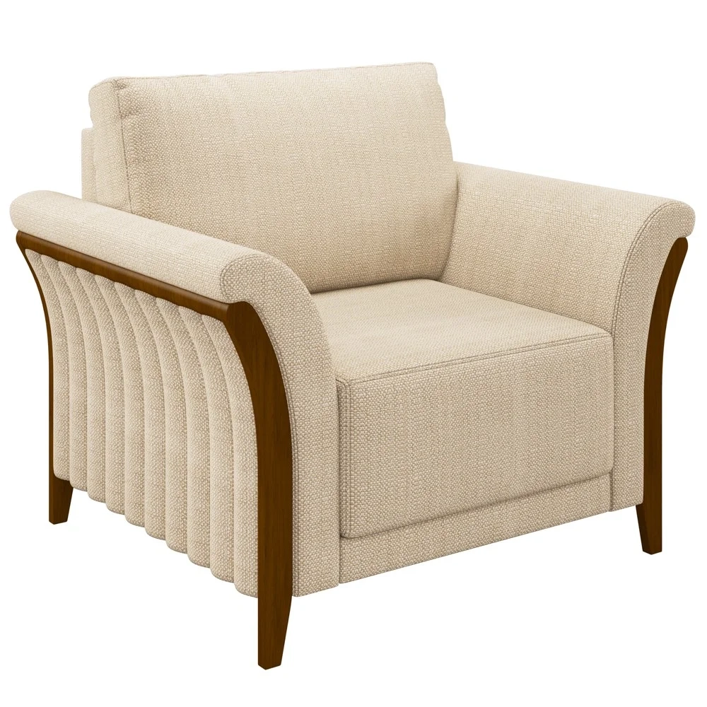 Poltrona Decorativa Sala de Estar 102cm Pés Madeira Roya Z32 Linho Champanhe - Mpozenato