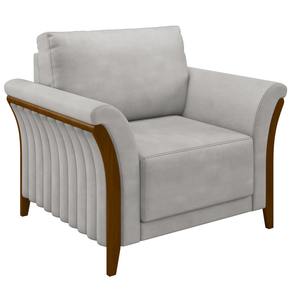 Poltrona Decorativa Sala de Estar 102cm Pés Madeira Roya Z32 Veludo Cinza - Mpozenato