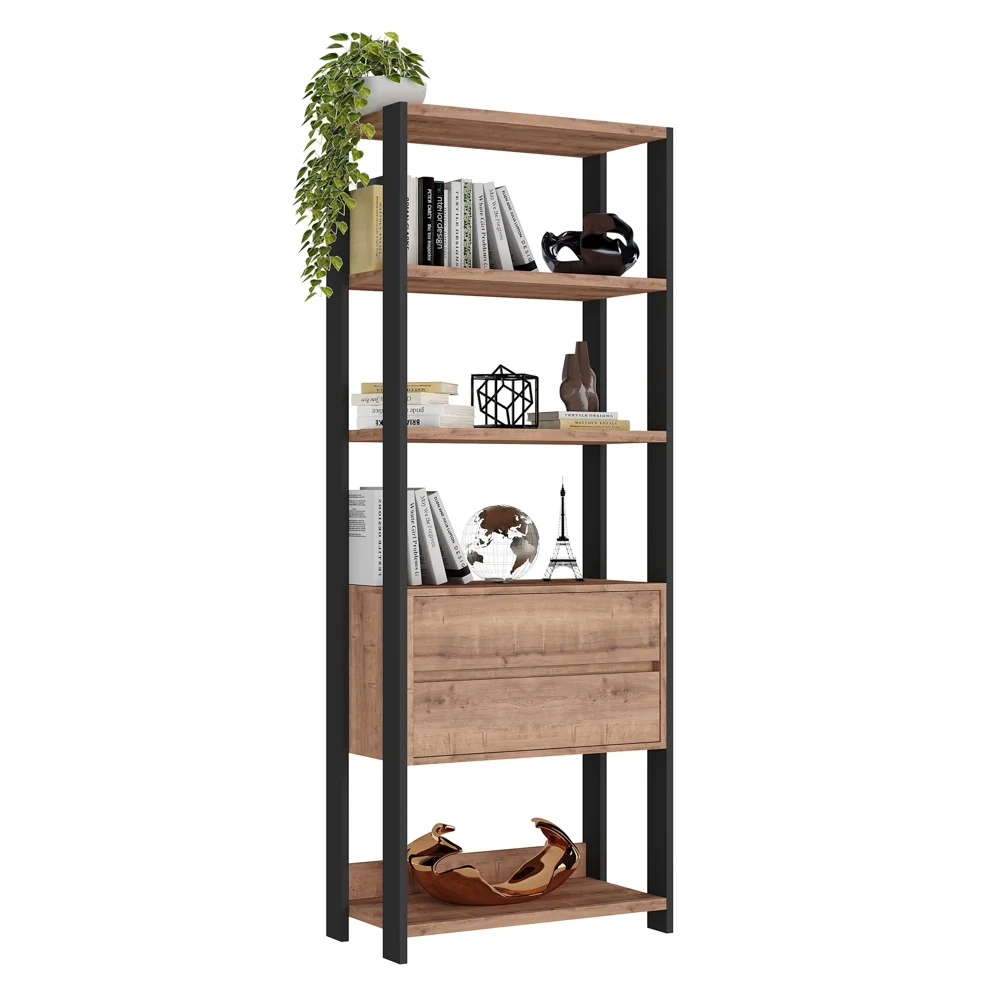 Estante Livreiro 2 Gavetas Estilo Industrial Chess F04 Preto/Solanum - Mpozenato