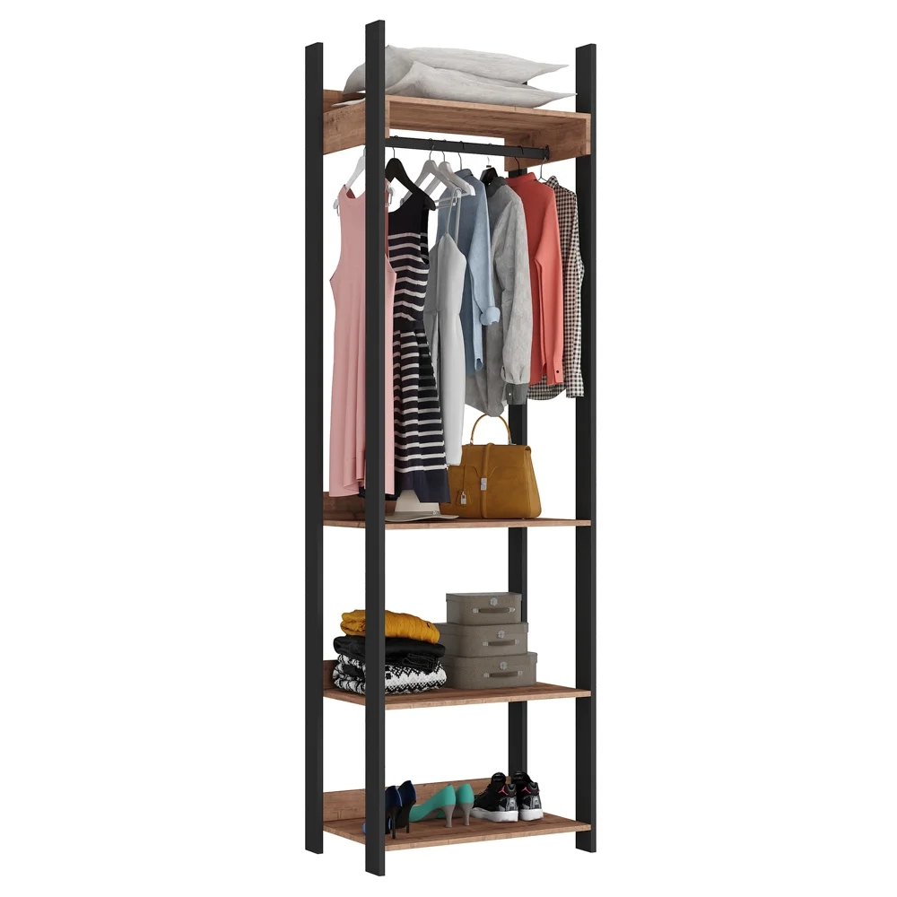 Closet 4 Prateleiras 1 Cabideiro Estilo Industrial Chess F04 Preto/Solanum - Mpozenato