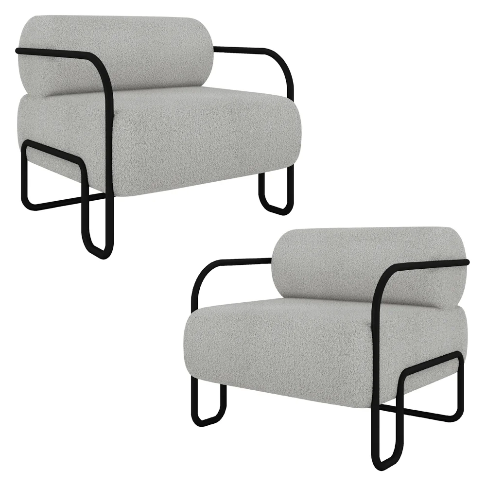 Poltrona Decorativa para Sala Industrial Kit 2 Kira Z08 Boucle Cinza Claro - Mpozenato
