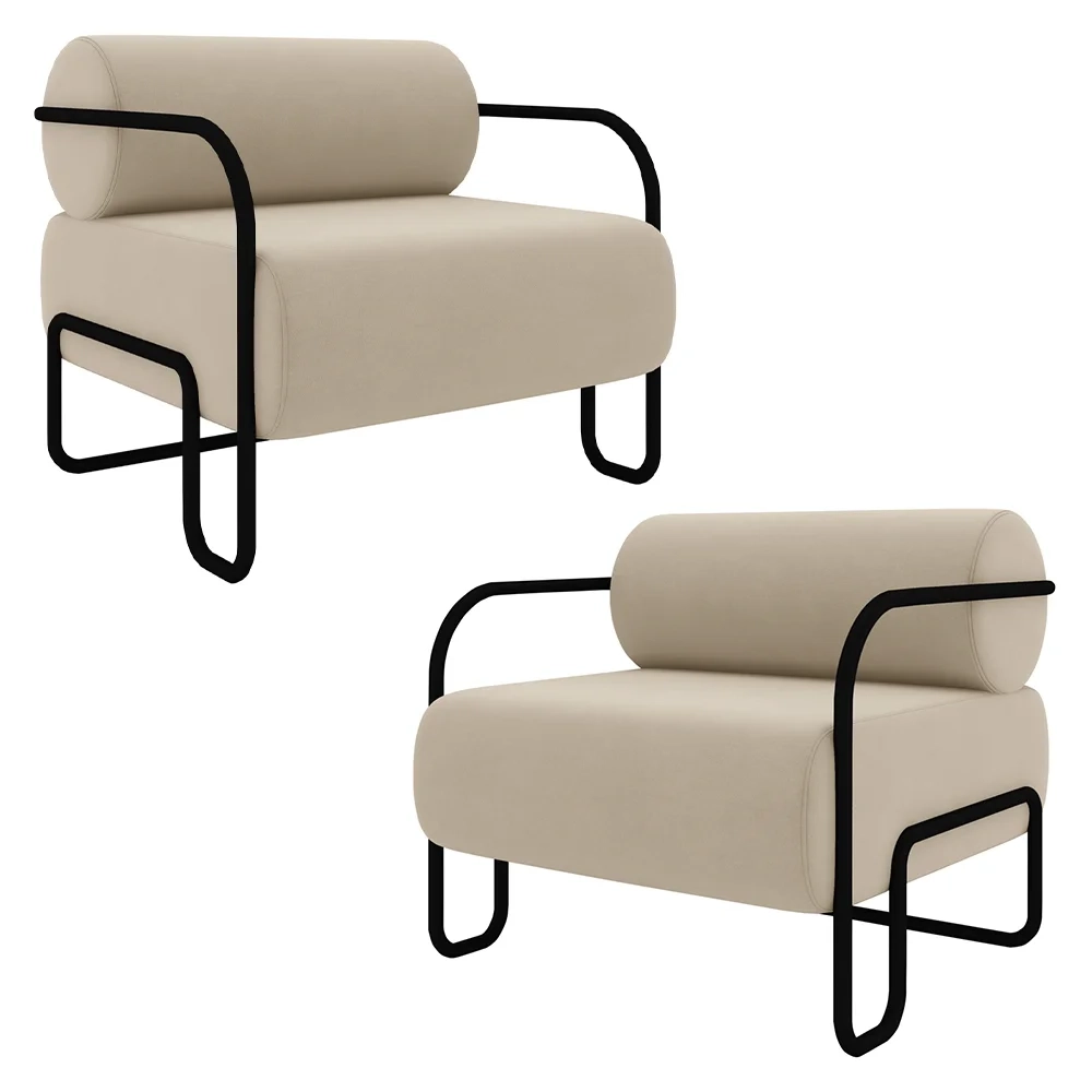 Poltrona Decorativa para Sala Industrial Kit 2 Kira Z08 Veludo Bege - Mpozenato