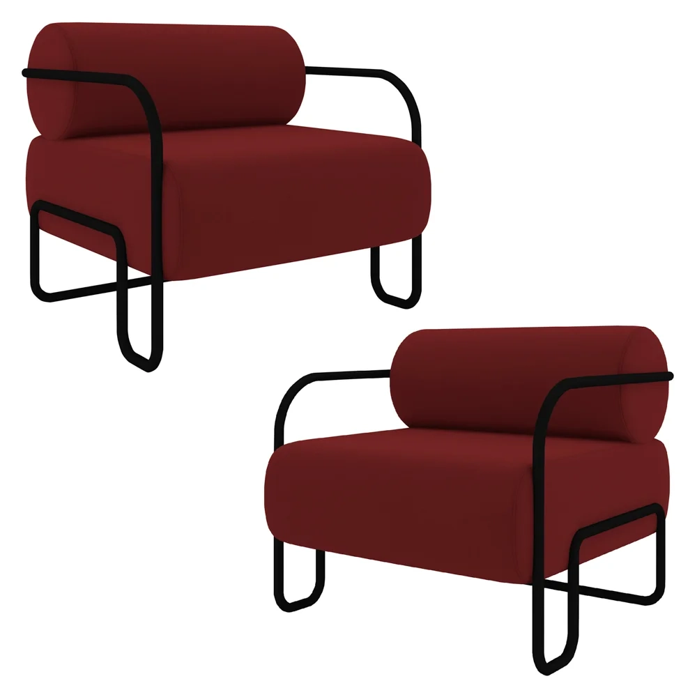Poltrona Decorativa para Sala Industrial Kit 2 Kira Z08 Veludo Vermelho - Mpozenato