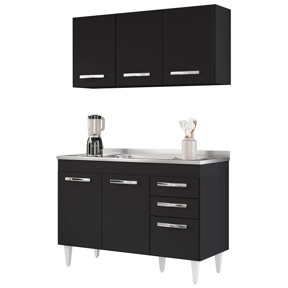 Armário Aéreo Honduras e Balcão Gabinete com Pia 120cm Suécia Preto - Lumil