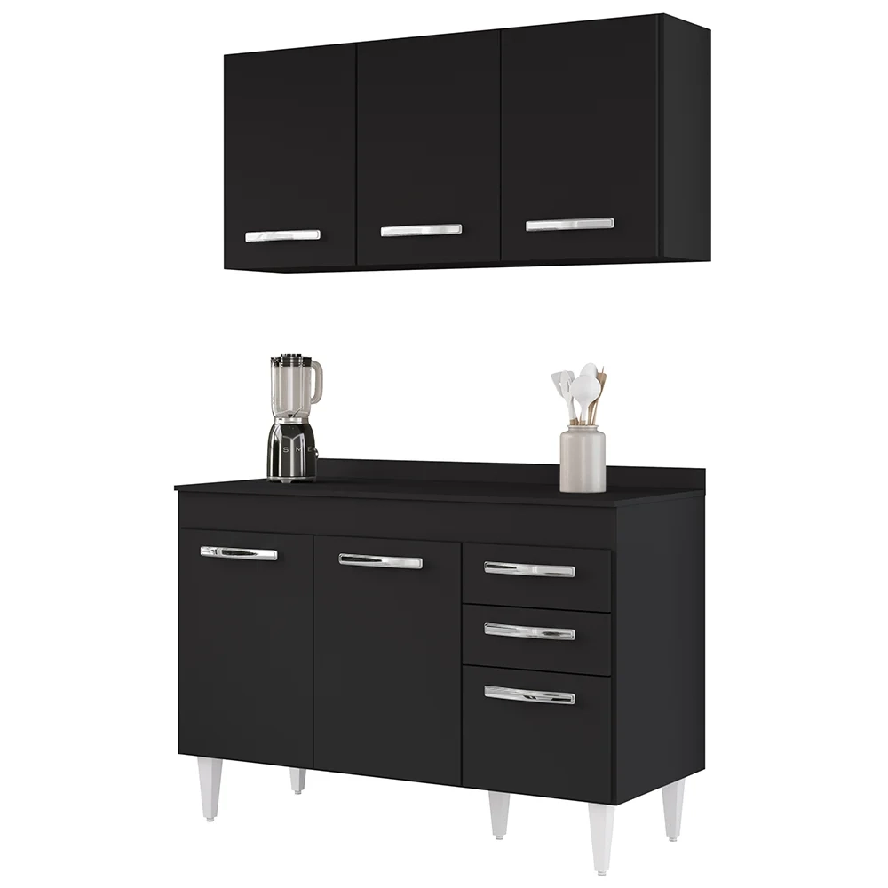 Armário Aéreo Honduras e Balcão Gabinete com Tampo 120cm Suécia Preto - Lumil