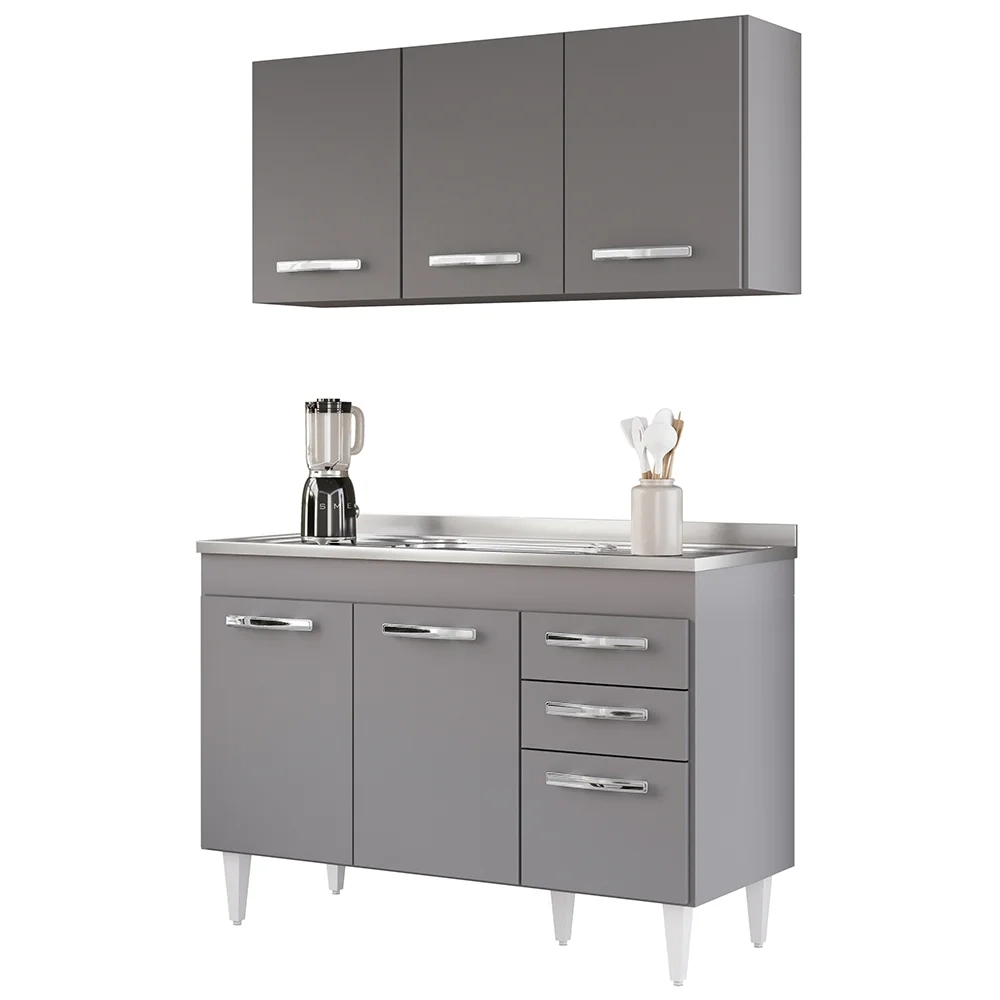 Armário Aéreo Honduras e Balcão Gabinete com Pia 120cm Suécia Cinza - Lumil