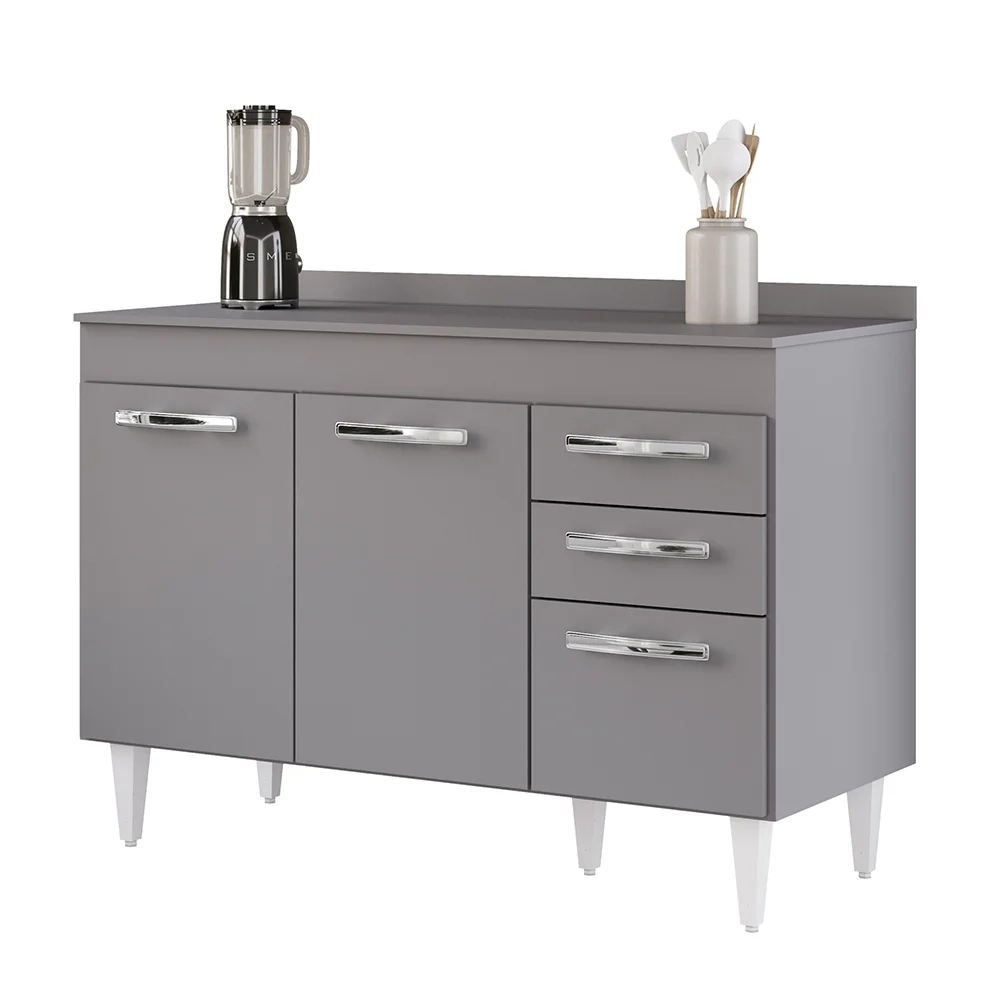 Balcão Gabinete Para Pia 120cm 3 Portas com Tampo Suécia Cinza - Lumil