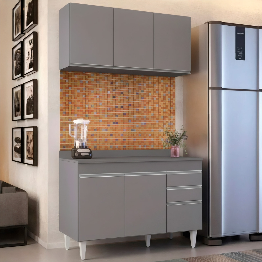 Armário Cozinha e Balcão Com Tampo 120cm Michigan Cinza     - Lumil