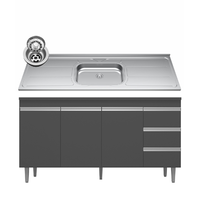 Balcão Gabinete com Pia Inox 150cm Andréia 3 Portas Cinza – AJL Móveis