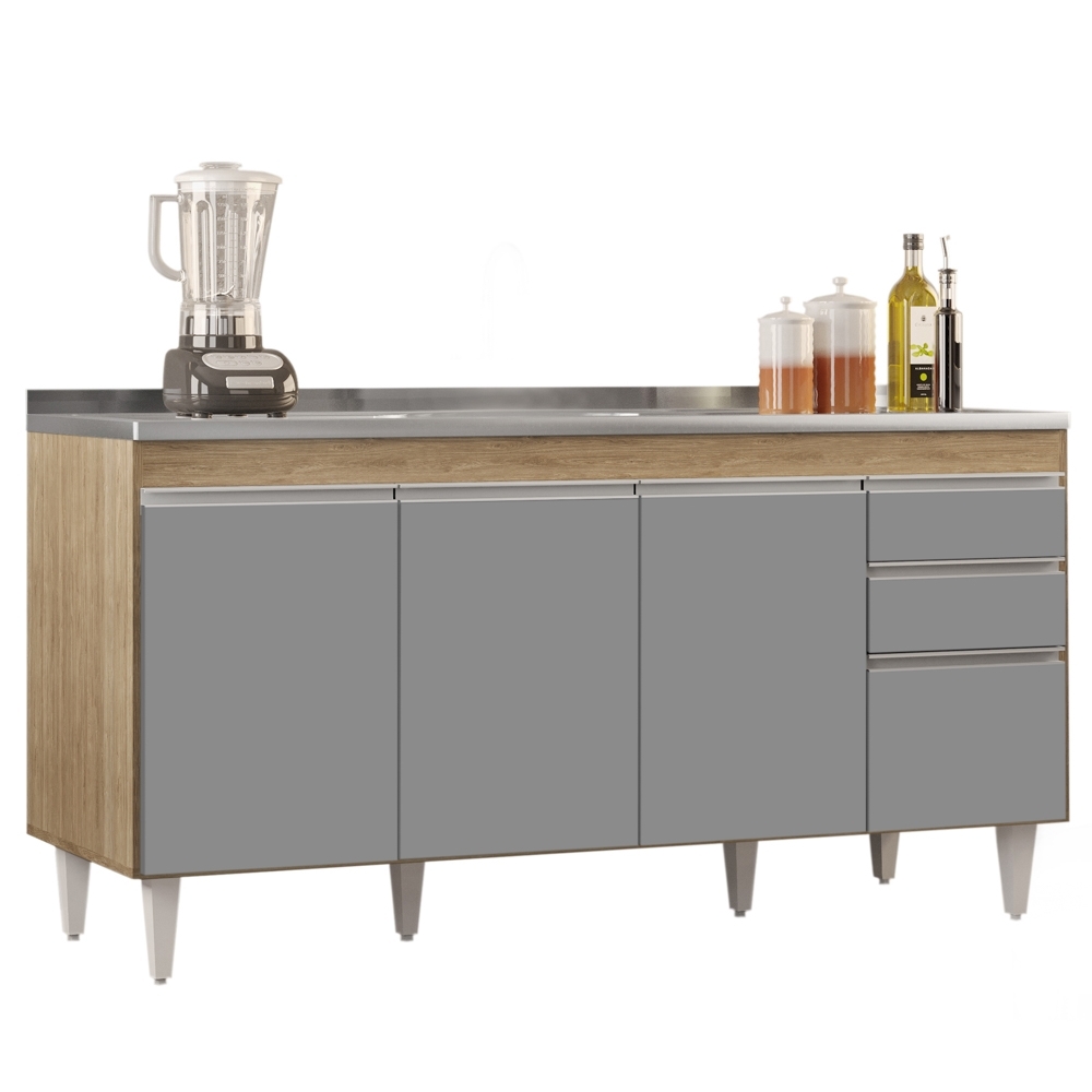 Balcão Gabinete com Pia Inox 160cm Arkansas Castanho/Cinza – Lumil