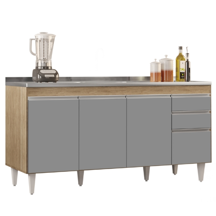 Balcão Gabinete com Pia Inox 160cm Arkansas Castanho/Cinza – Lumil