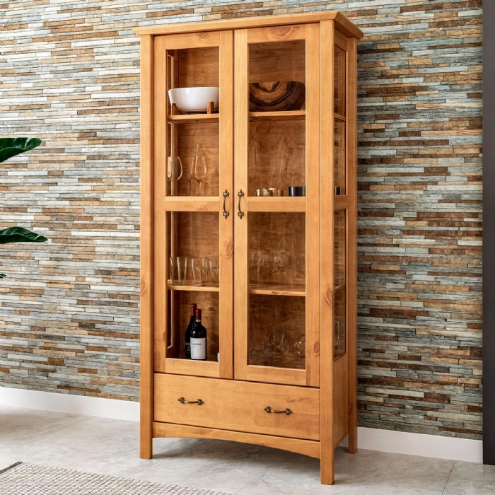 Cristaleira de Madeira 2 Portas e Gaveta Hazel Carvalho Z25 - Mpozenato