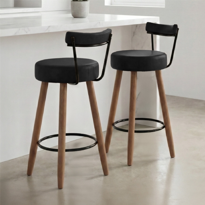 Banqueta Alta Estofada Pés Palito Kit 2 Tília Sintético Preto S08 - Mpozenato