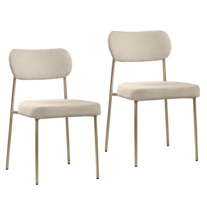Cadeira Jantar Estofada Pé Metal Rosê Kit 2 Lavy Boucle Bege S08 - Mpozenato