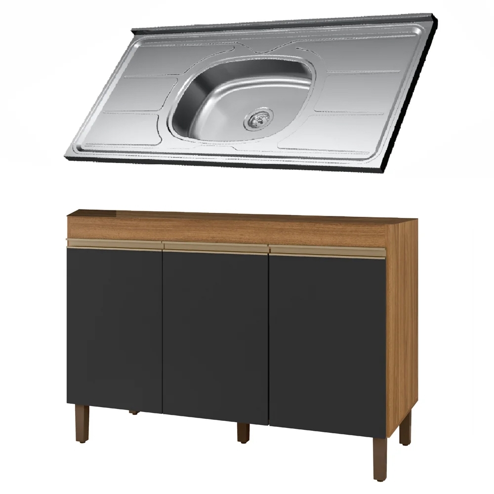 Balcão Gabinete Com Pia 120cm 3 Portas Karen P14 Nature/Preto Fosco - Mpozenato