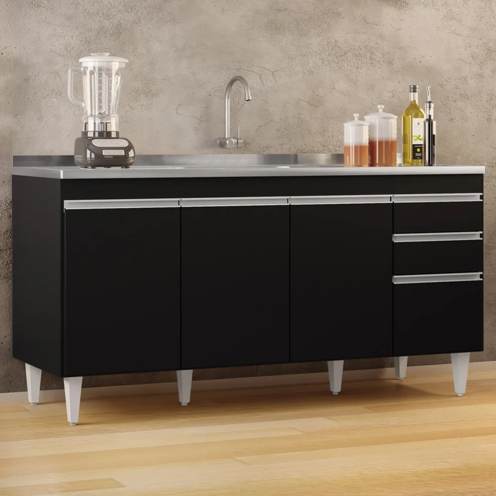 Balcão Gabinete com Pia Inox 160cm Arkansas Preto – Lumil