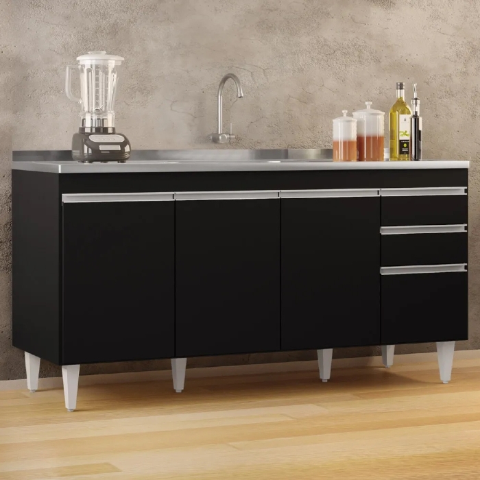 Balcão Gabinete com Pia Inox 160cm Arkansas Preto – Lumil