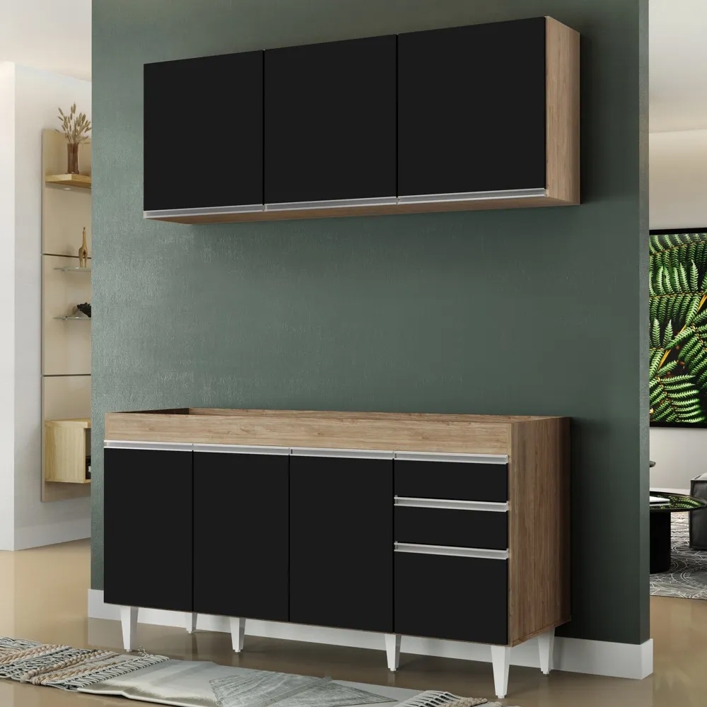 Armário Aéreo Argélia e Balcão Gabinete Para Pia 150cm sem Tampo Marrocos Castanho/Preto - Lumil Móveis