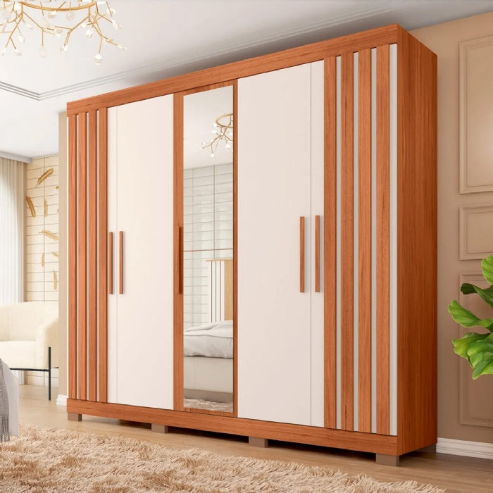 Guarda Roupa Casal 216cm 5 Portas Espelho Sulla Freijó/Off C01 - Mpozenato