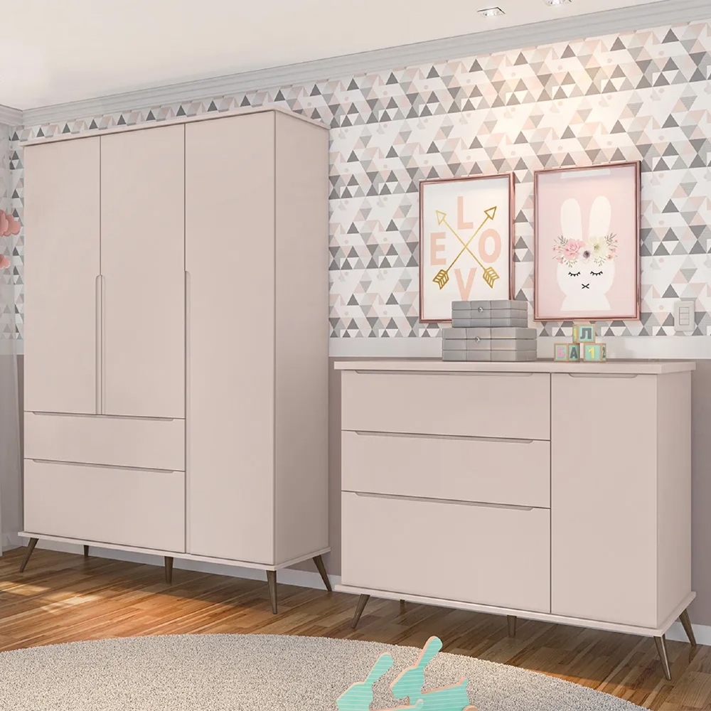 Jogo De Quarto Infantil Guarda Roupa e Cômoda 100% MDF Melinda Rosê - Phoenix