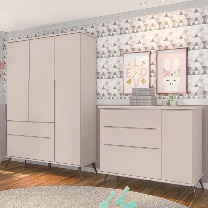 Jogo De Quarto Infantil Guarda Roupa e Cômoda 100% MDF Melinda Rosê - Phoenix