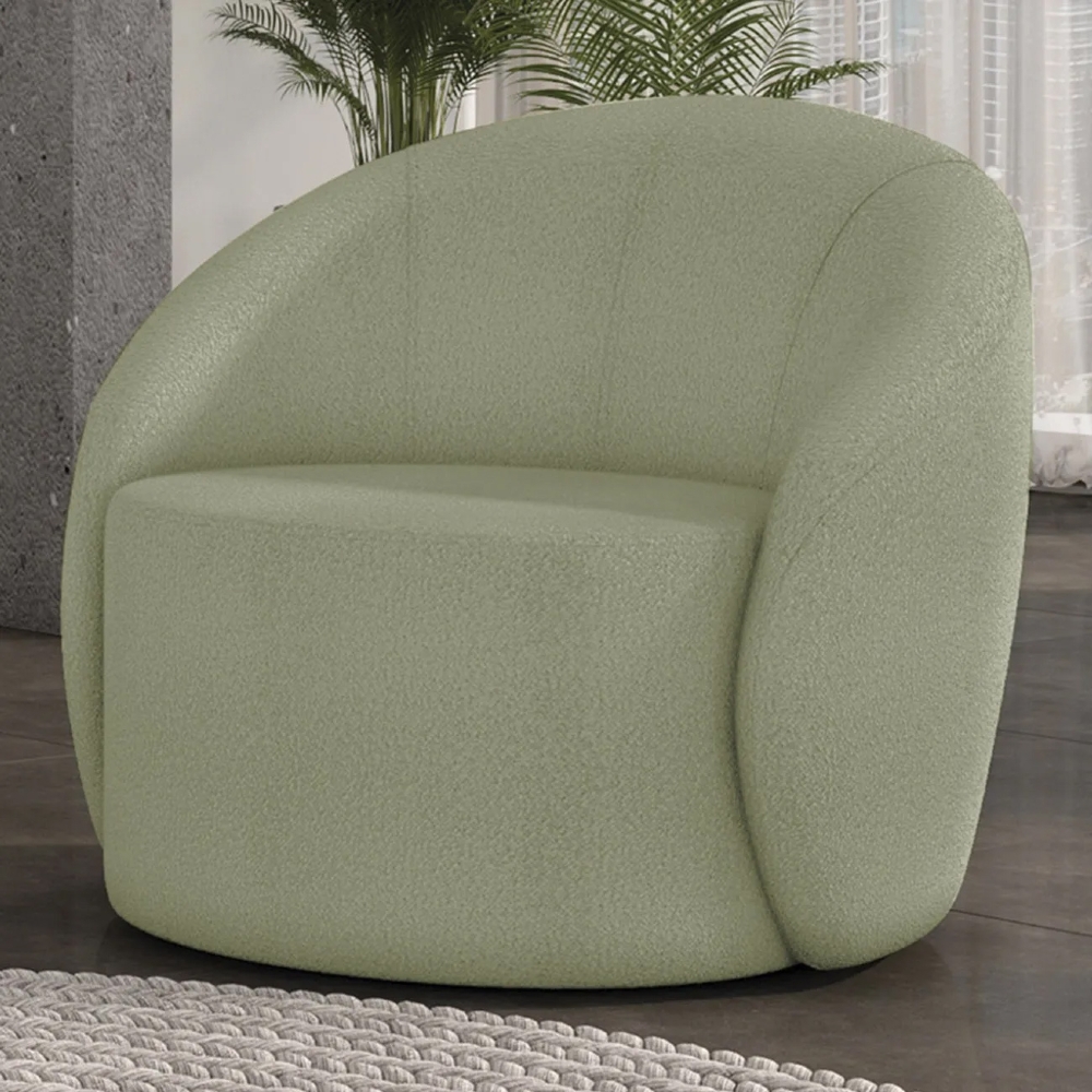 Poltrona Sala Giratória Redonda 91cm Steve Boucle Pistache  I01  - Mpozenato