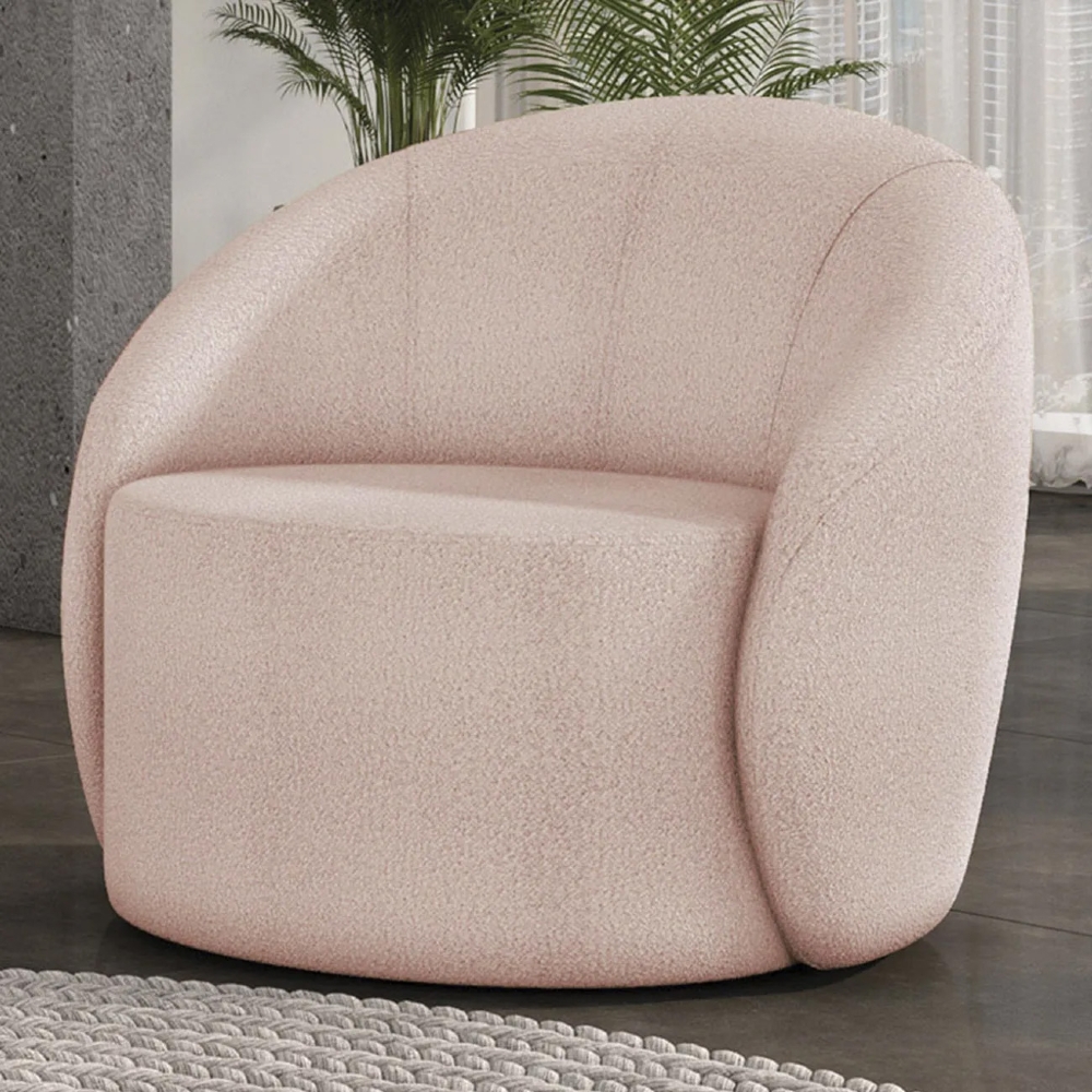 Poltrona Sala Giratória Redonda 91cm Steve Boucle Rose  I01  - Mpozenato