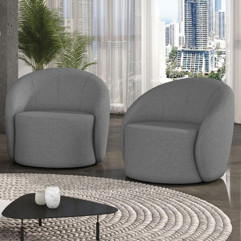 Poltrona Sala Decorativa Redonda Kit 2 Steve Linho Grafite  I01  - Mpozenato