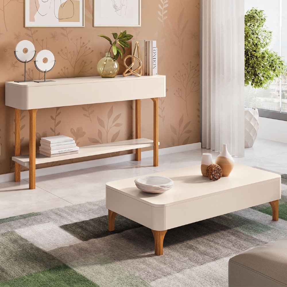 Aparador Sala de Estar Fiero e Mesa de Centro Liz Off White - HB Móveis