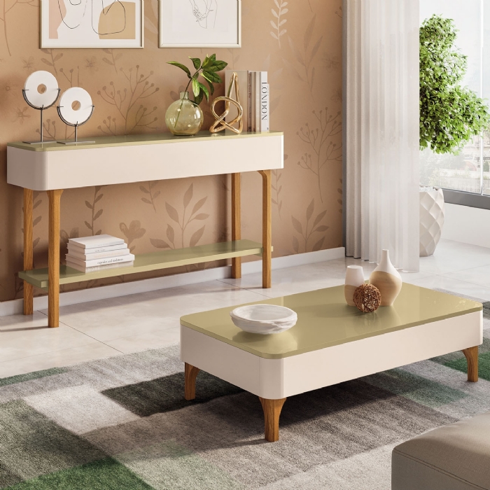 Aparador Sala de Estar Fiero e Mesa de Centro Liz Off/Champanhe - HB Móveis