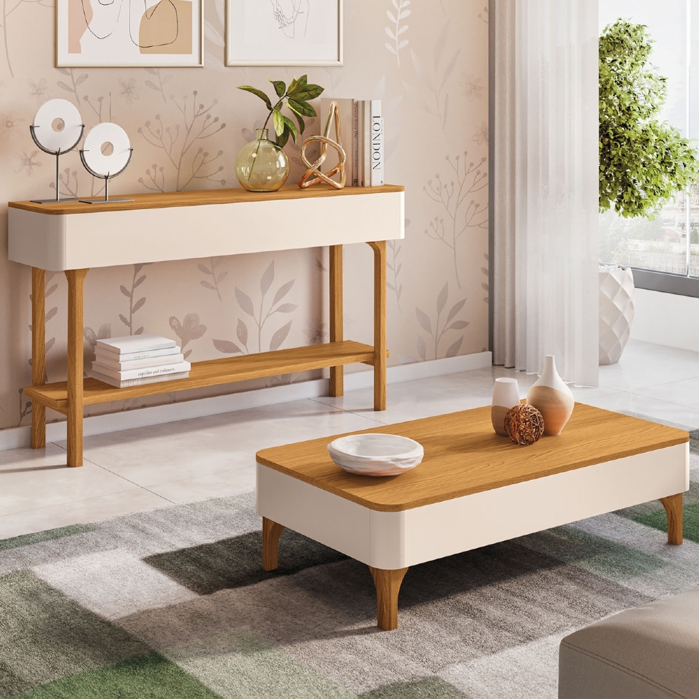 Aparador Sala de Estar Fiero e Mesa de Centro Liz Off/Cinamomo - HB Móveis