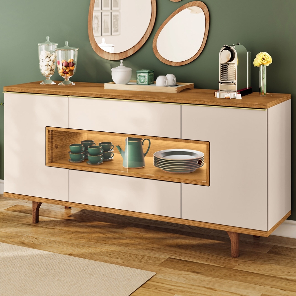 Buffet Aparador 160cm Com LED 3 Portas Islam Off/Cinamomo H01 - Mpozenato