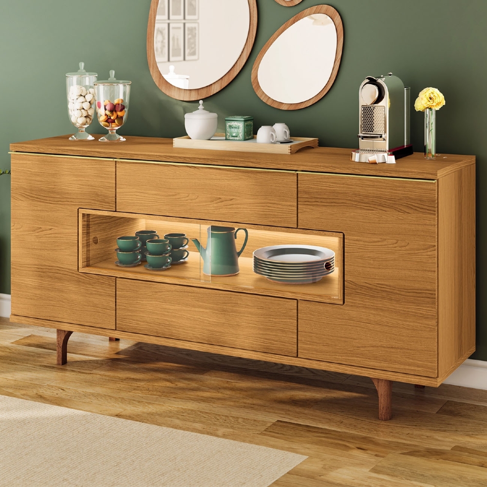 Buffet Aparador 160cm Com LED 3 Portas Murano Cinamomo - HB Móveis