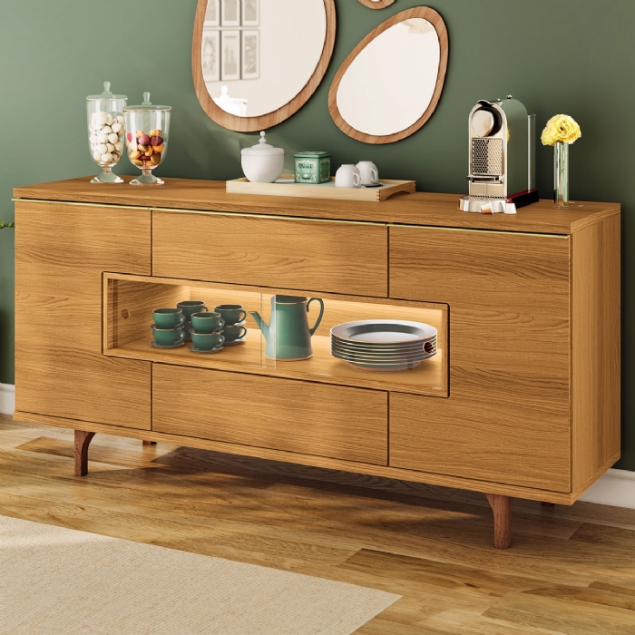 Buffet Aparador 160cm Com LED 3 Portas Murano Cinamomo - HB Móveis