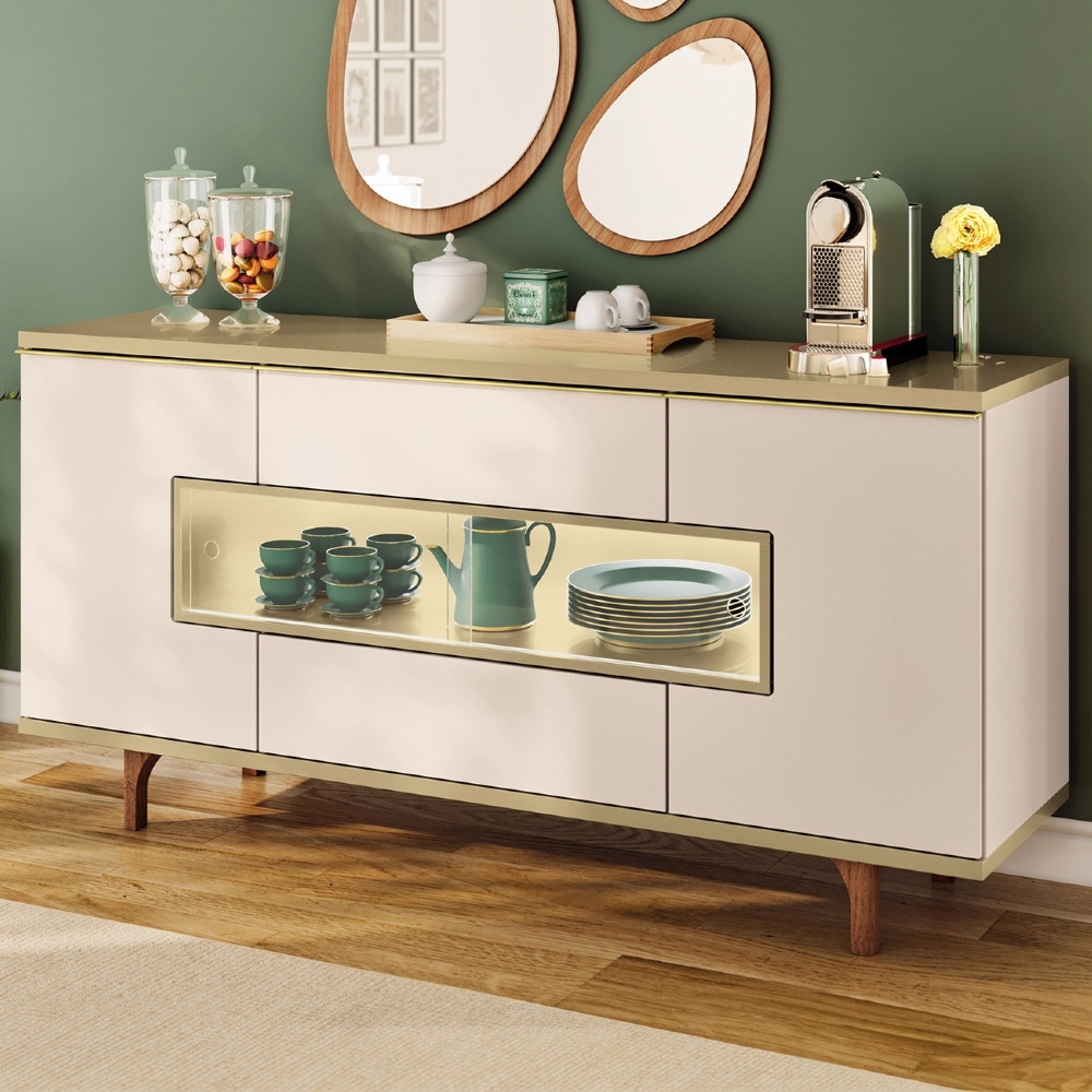 Buffet Aparador 160cm Com LED 3 Portas Murano Off/Champanhe - HB Móveis