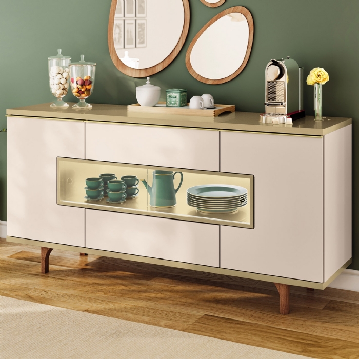 Buffet Aparador 160cm Com LED 3 Portas Murano Off/Champanhe - HB Móveis