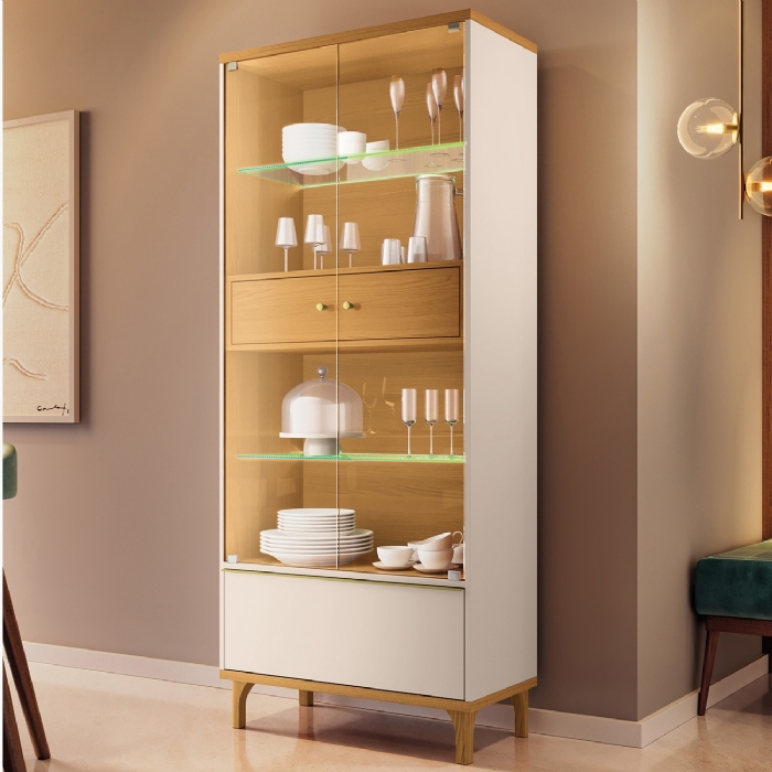 Cristaleira Portas de Vidro Com LED 76cm Delux Off/Cinamomo H01 - Mpozenato