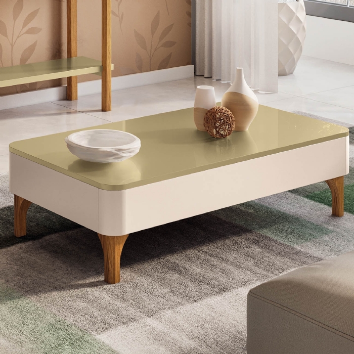 Mesa de Centro Baixa Para Sala Pé Madeira Liz Off/Champanhe - HB Móveis
