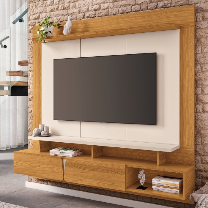 Painel TV 65 Pol 160cm Bancada Suspensa Zenith Cinamomo/Off - HB Móveis