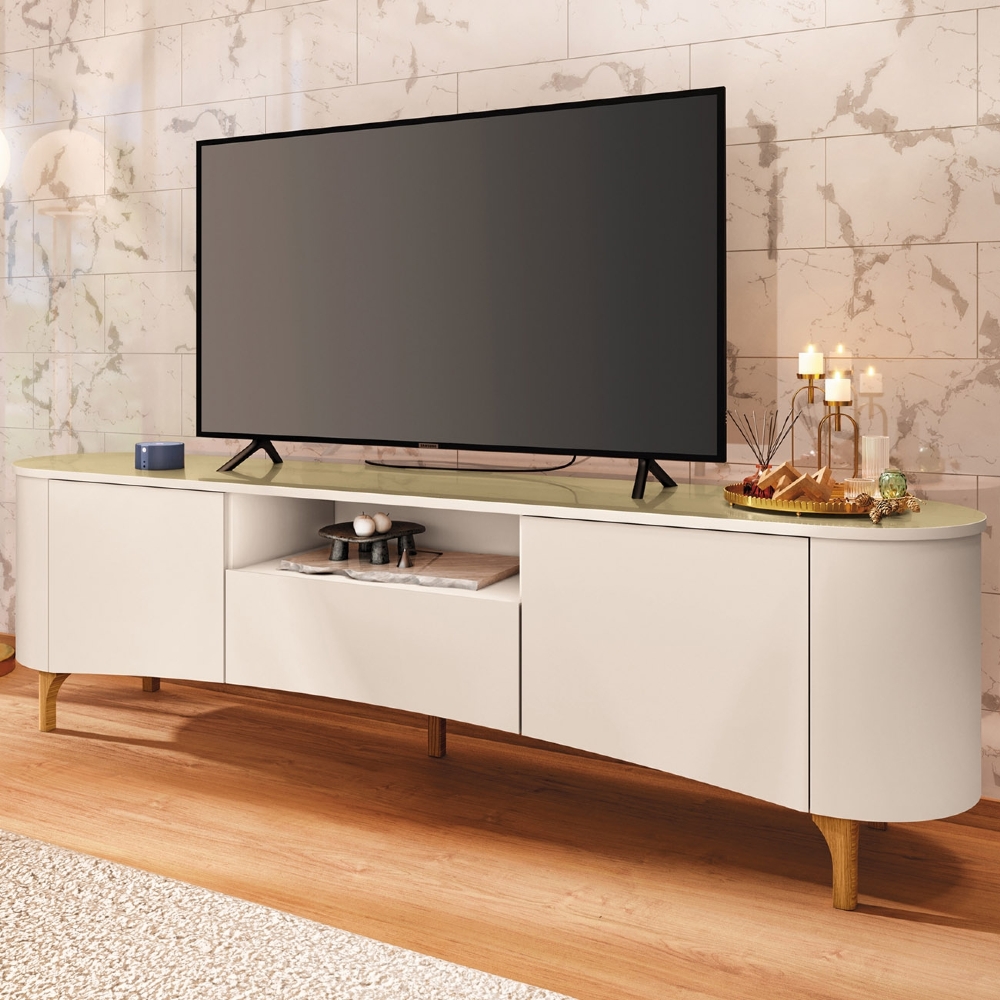 Rack Bancada TV 80 Pol 201cm Desing Orgânico Elara Off/Champanhe - HB Móveis