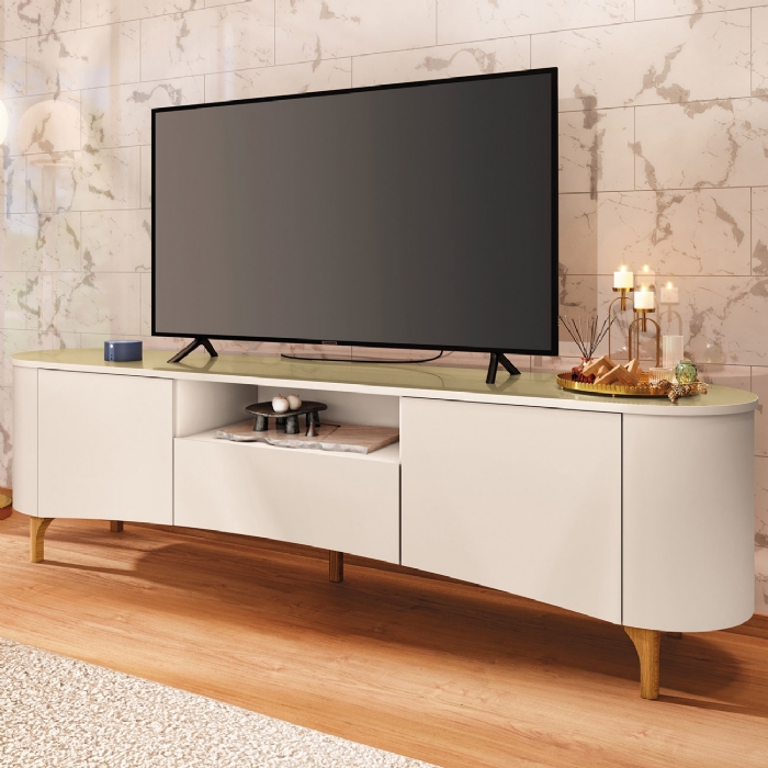 Rack Bancada TV 80 Pol 201cm Desing Orgânico Yang Off/Champanhe H01 - Mpozenato