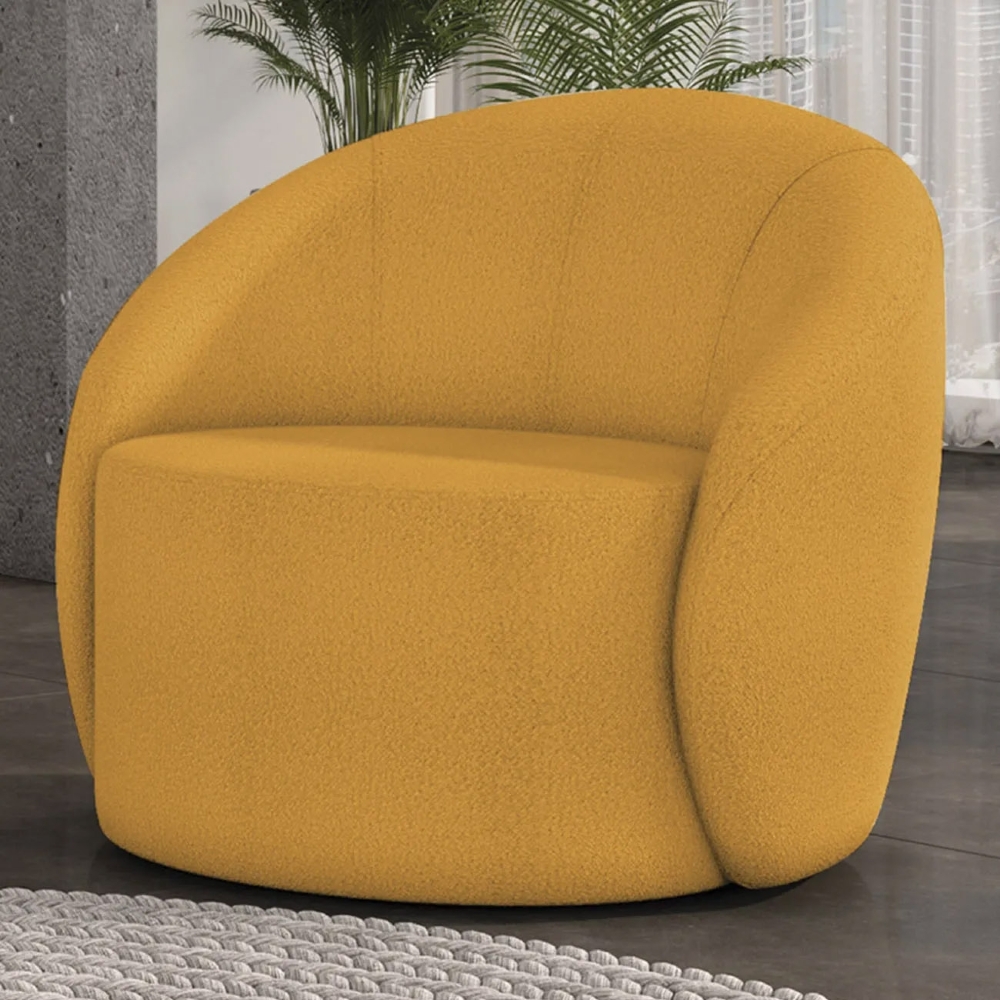 Poltrona Sala Giratória Redonda 91cm Steve Boucle Mostarda  I01  - Mpozenato
